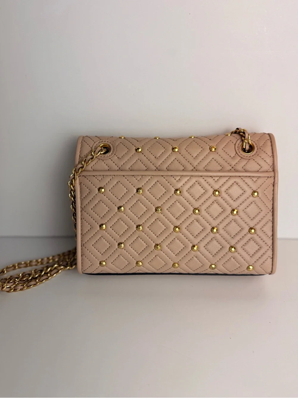$528 Tory Burch Fleming Stud Small Shoulder Bag Goan Sand Beige Leather 46362